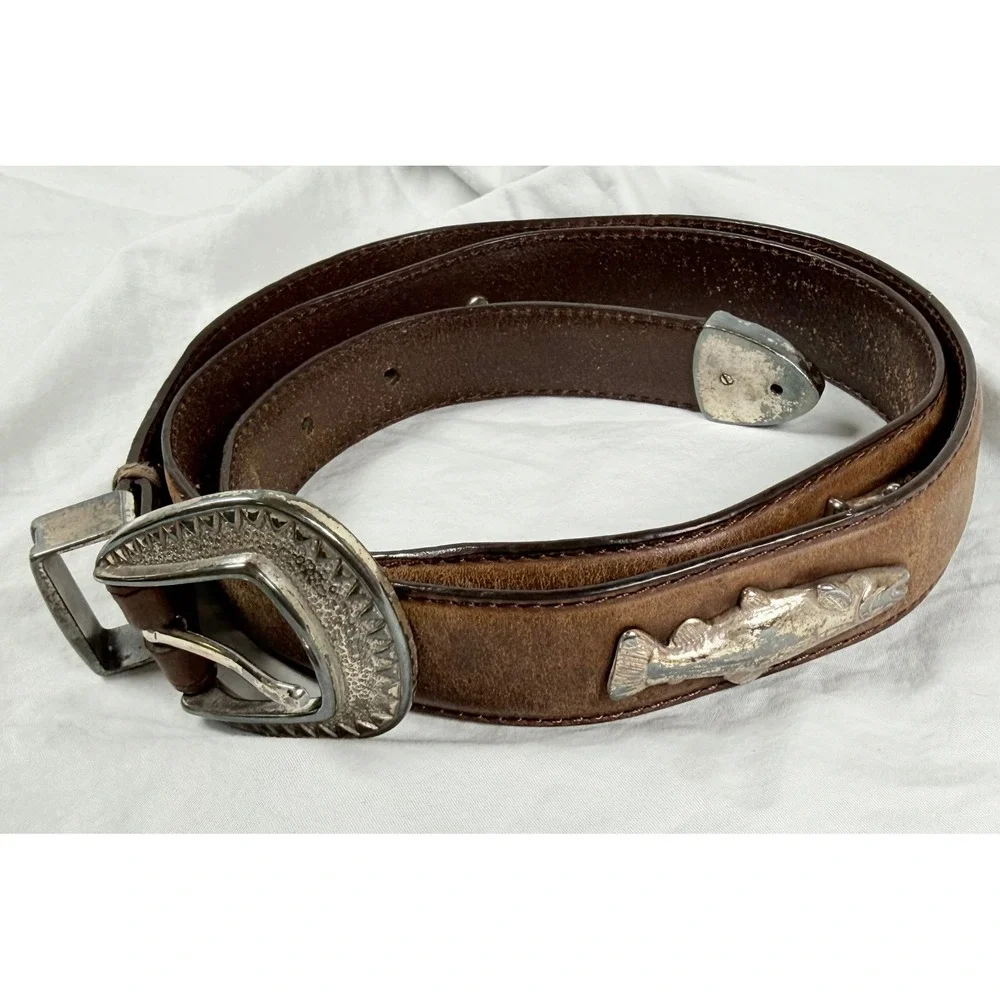 Full Grain Italian Leather Trout Fish Concho Belt Mens 36 Brown Western Fishing